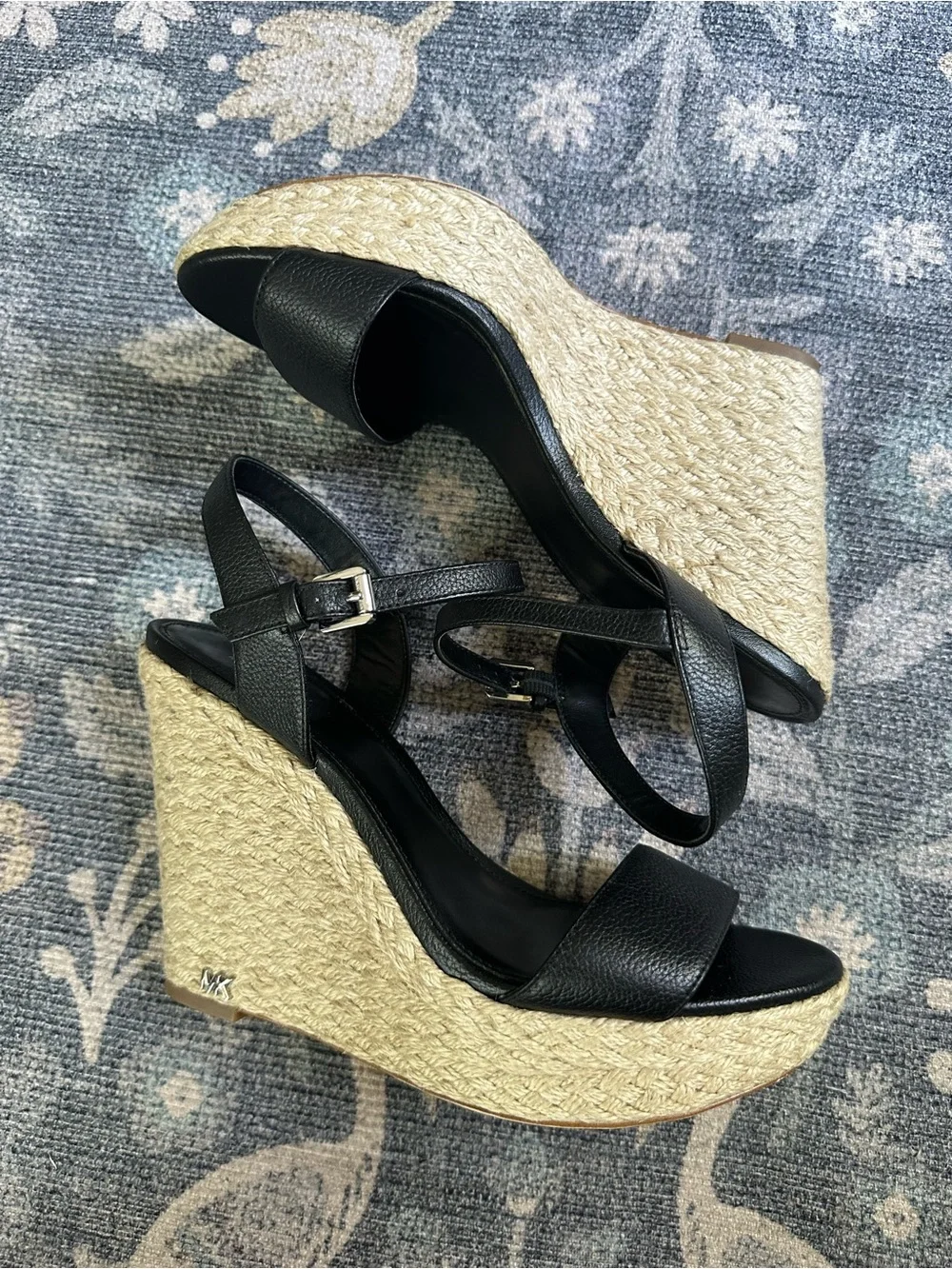 Michael Michael Kors Black Leather Espadrille Platform Wedge Sandals Size 8.5